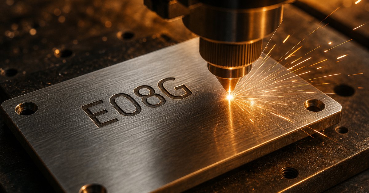 Placa metálica sendo gravada a laser com o código alfanumérico E08G, em close industrial