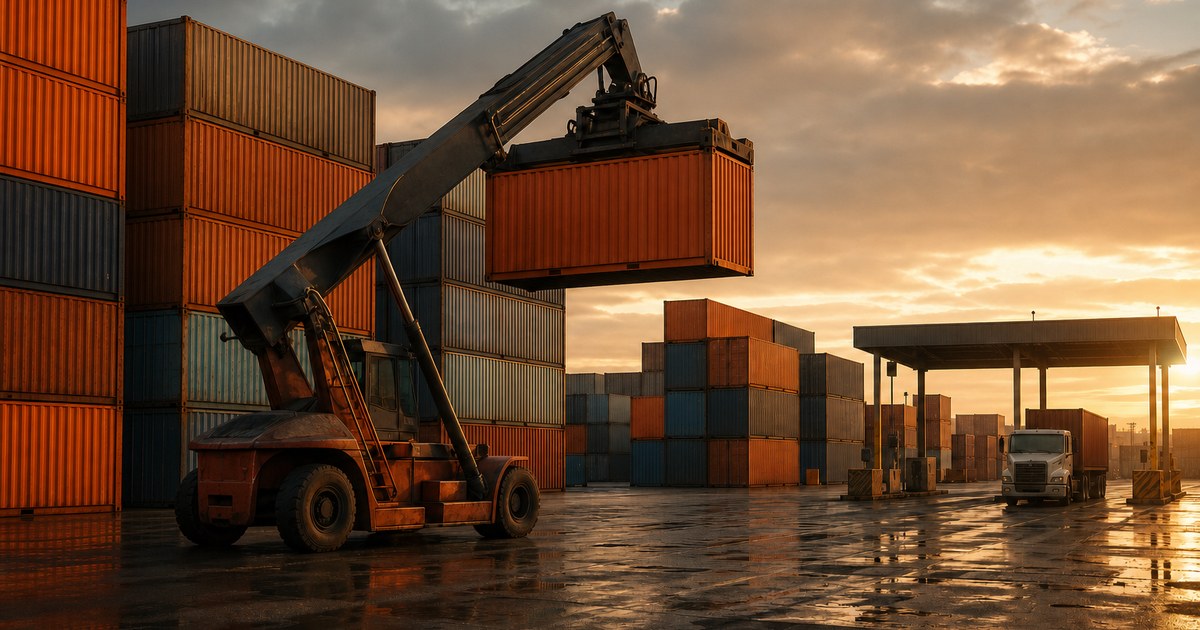 Reach stacker suspende contêiner laranja em pátio de containers ao entardecer, com gate e caminhão ao fundo