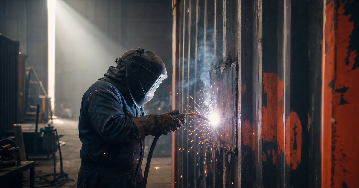 Soldador com máscara solda remendo no painel corrugado de um contêiner em oficina de depot, faíscas voando